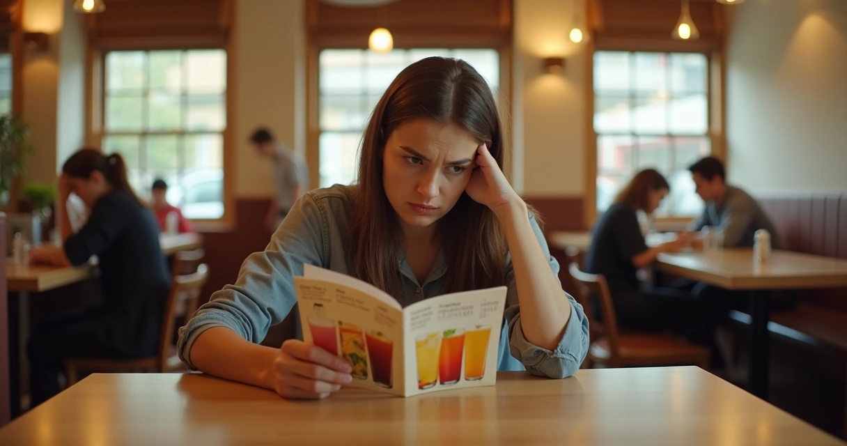 Pessoa indecisa segurando cardápio em restaurante, olhando opções de suco 