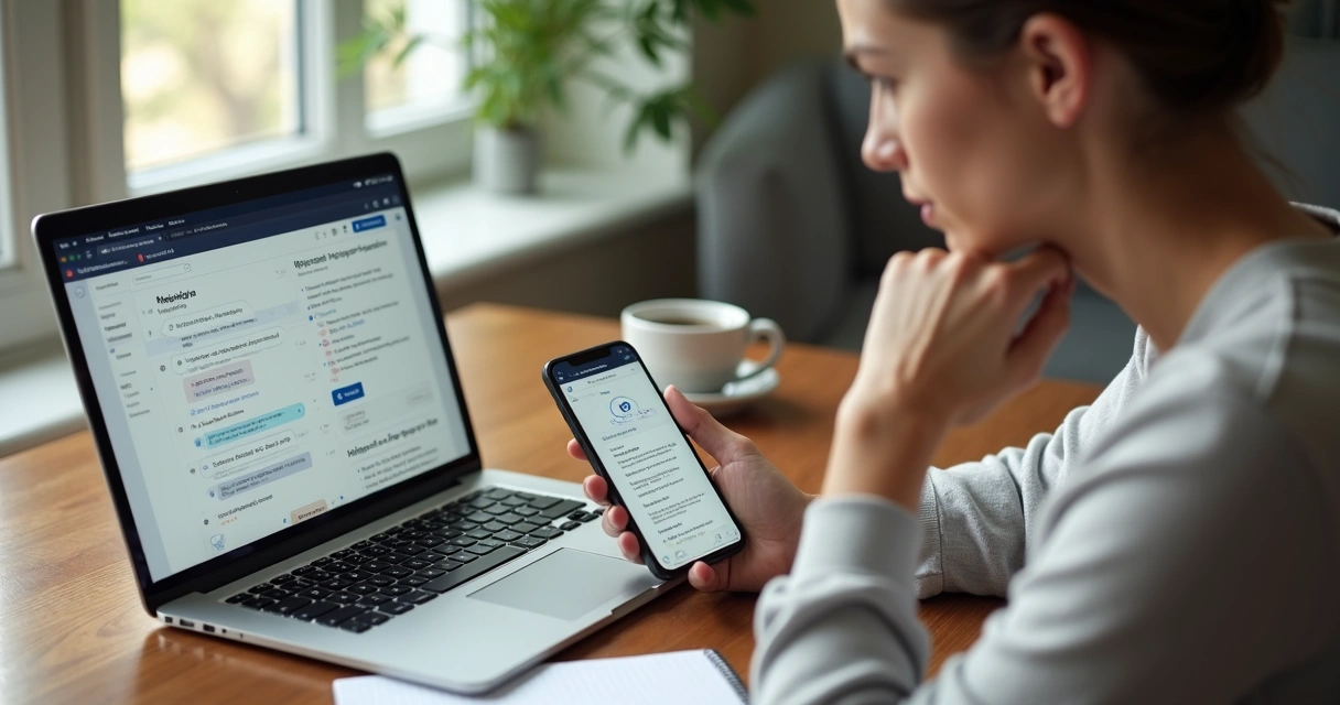 Pessoa avaliando sugestões de IA em celular e notebook