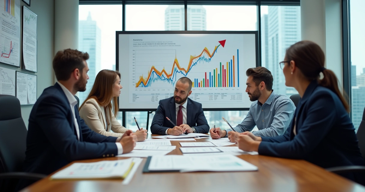 Pessoas em volta de uma mesa com gráficos discutindo decisões econômicas 