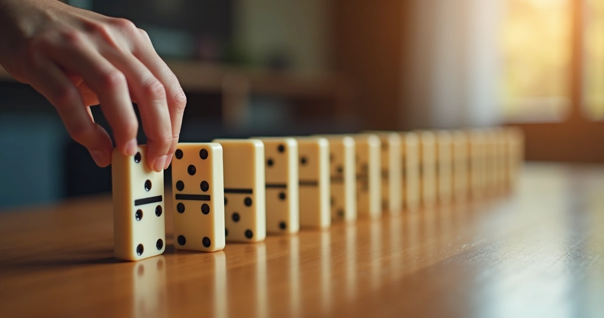 Pessoa pressionando um dominó e iniciando efeito dominó 