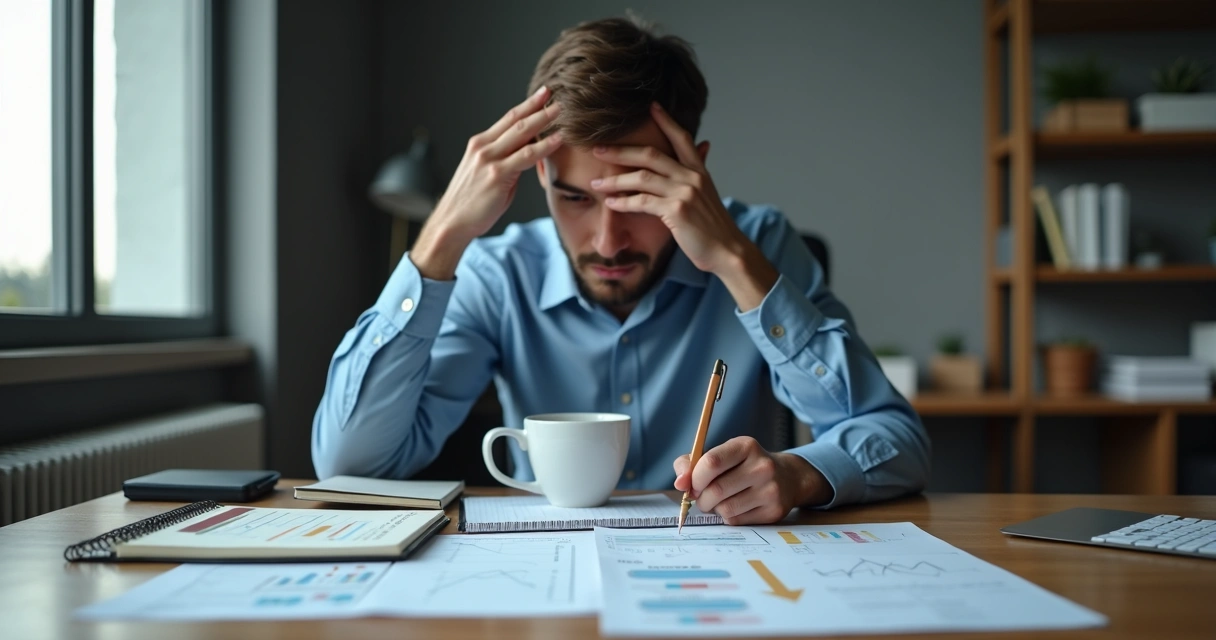 Pessoa analisando anotações e gráficos em momento de crise