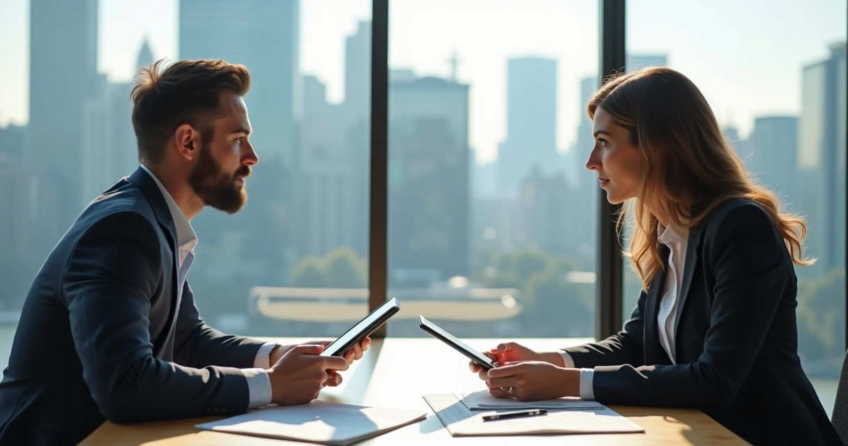Duas pessoas analisando juntos decisões em um ambiente de trabalho. 
