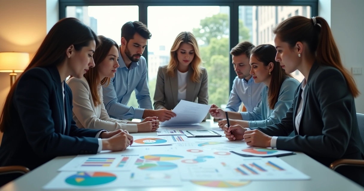 Pessoas em reunião, olhando atentamente para gráficos e dados na mesa 