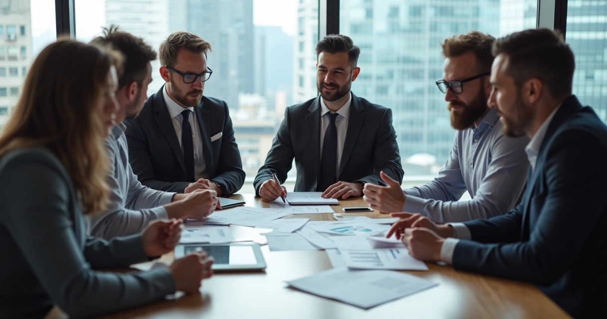 Equipe reunida ao redor de mesa em discussão, pessoas concentradas 