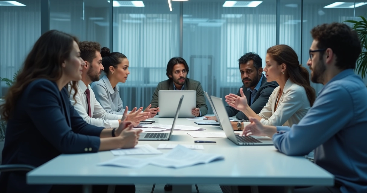 Grupo de pessoas discutindo intensamente ao redor de uma mesa 