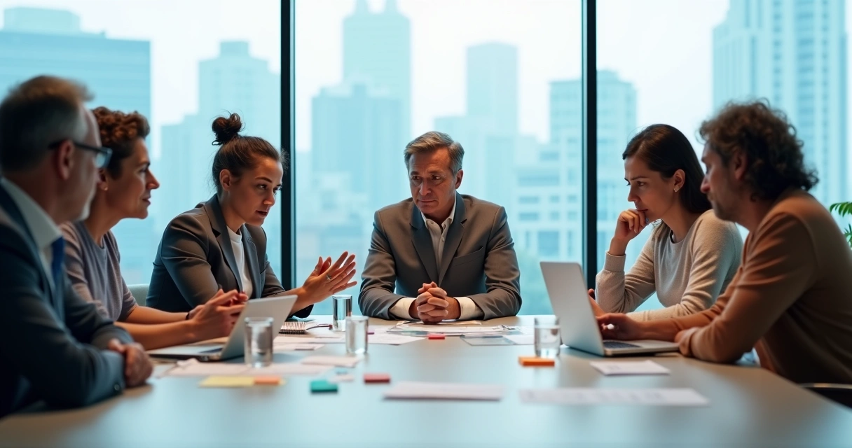 Grupo em reunião tomando decisão coletiva com emoções contrastantes 