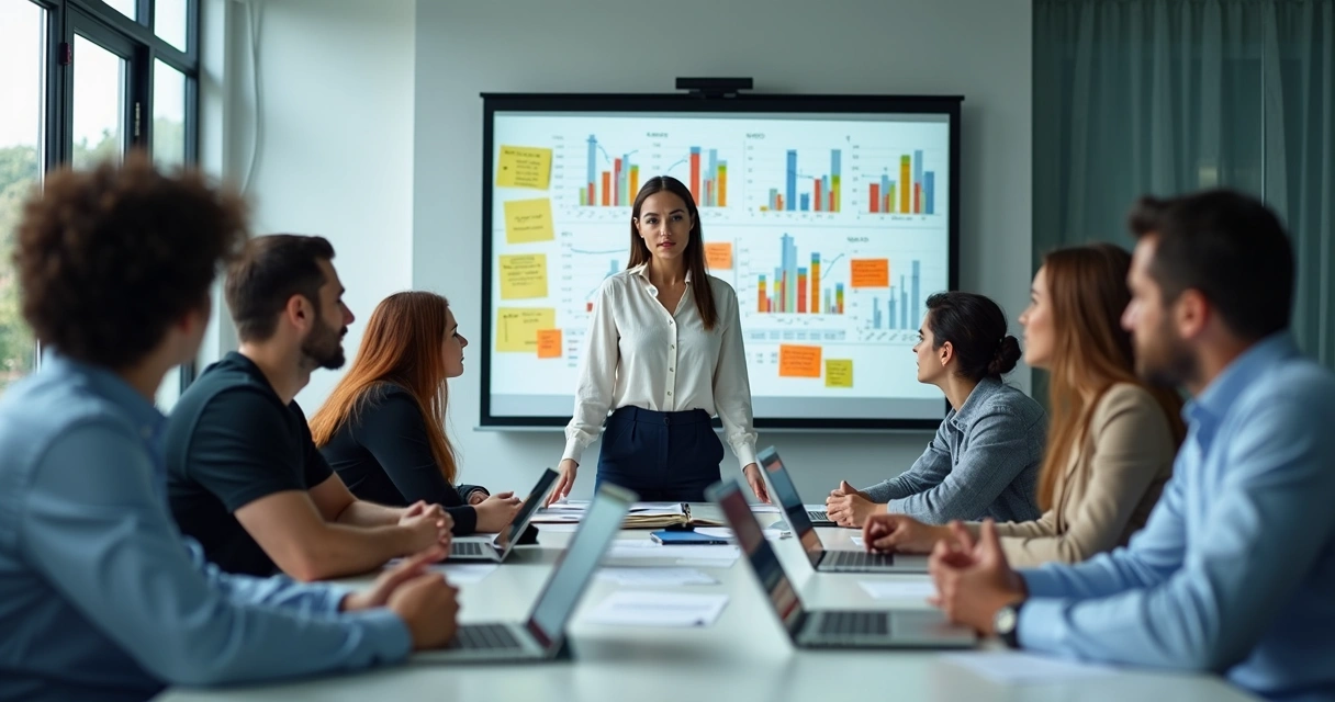 Equipe corporativa analisando gráficos, todos atentos e visivelmente concentrados no quadro de decisões