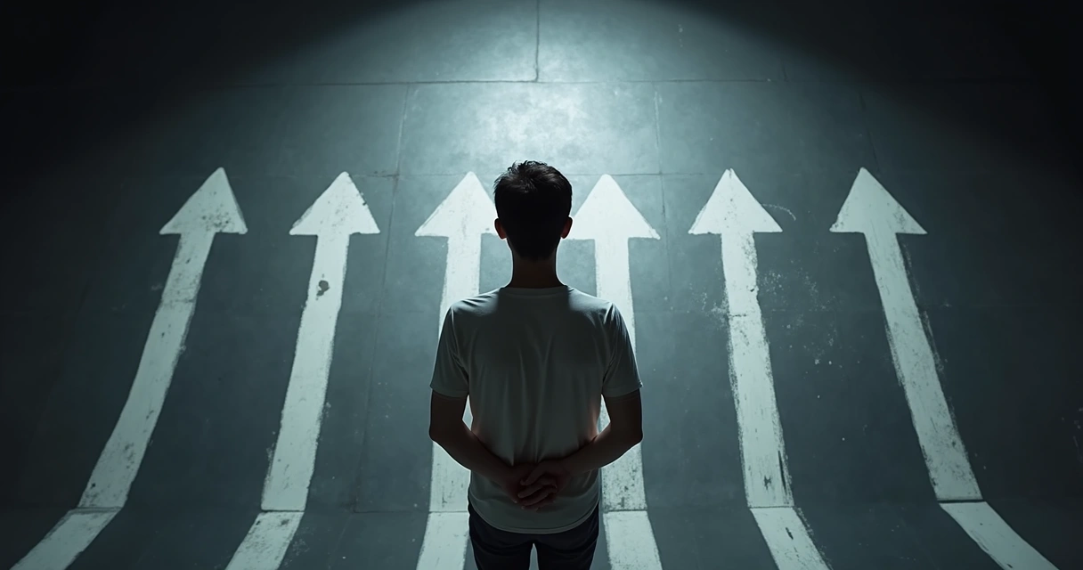 Pessoa pensativa diante de várias setas desenhadas em um chão escuro 