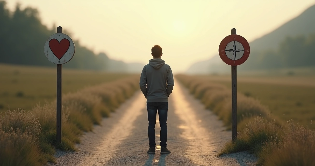 Pessoa de pé em uma encruzilhada, olhando placas com símbolos de coração e bússola 