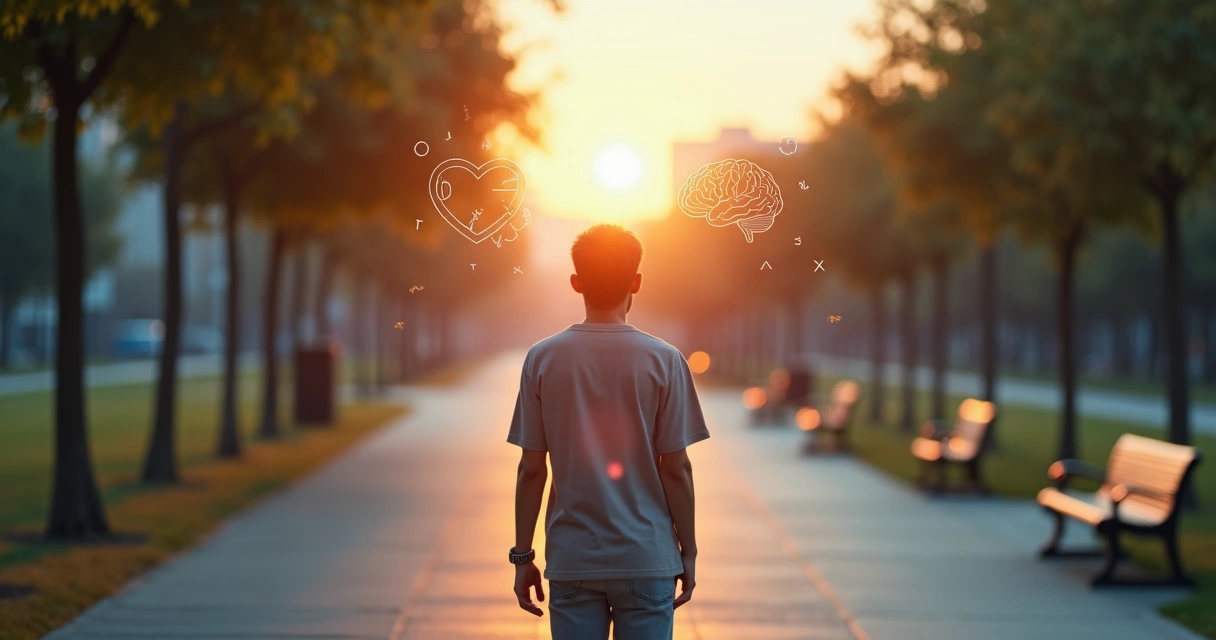 Pessoa escolhendo entre dois caminhos com equilíbrio entre emoção e razão 