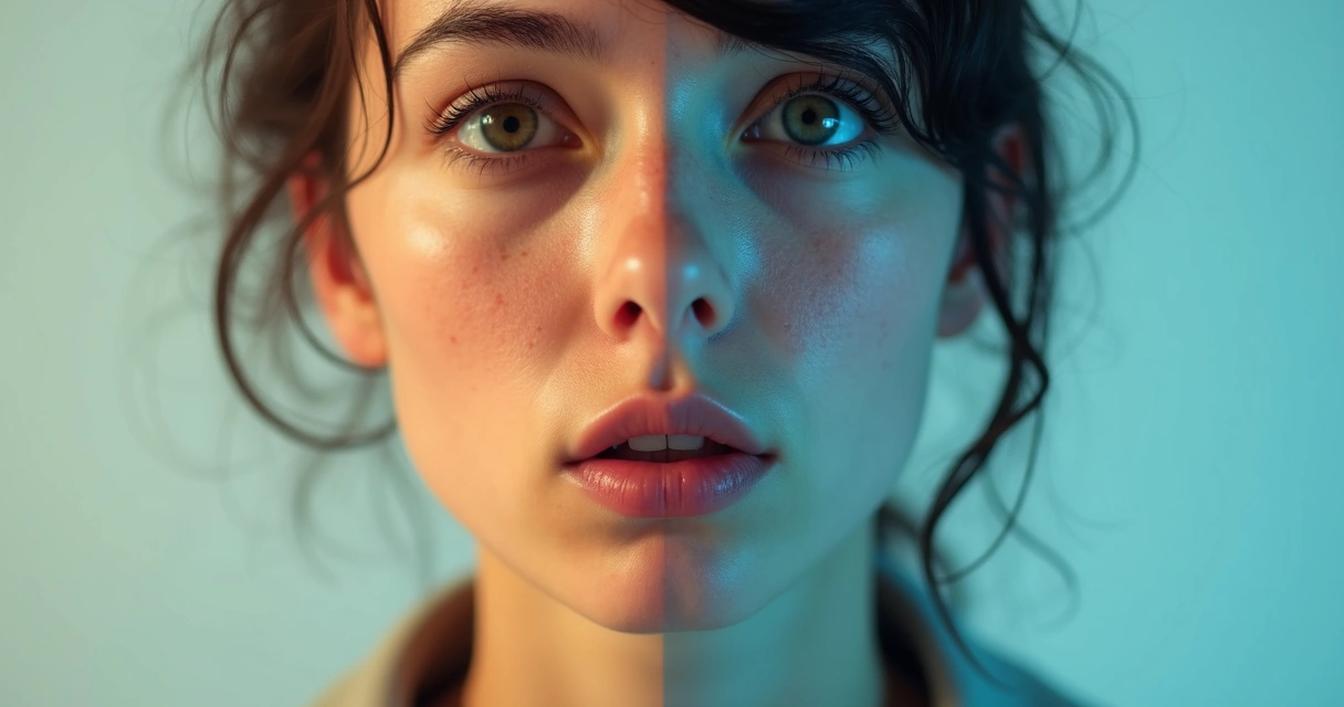 Rosto dividido, metade mostra emoção e metade razão com fundo neutro 