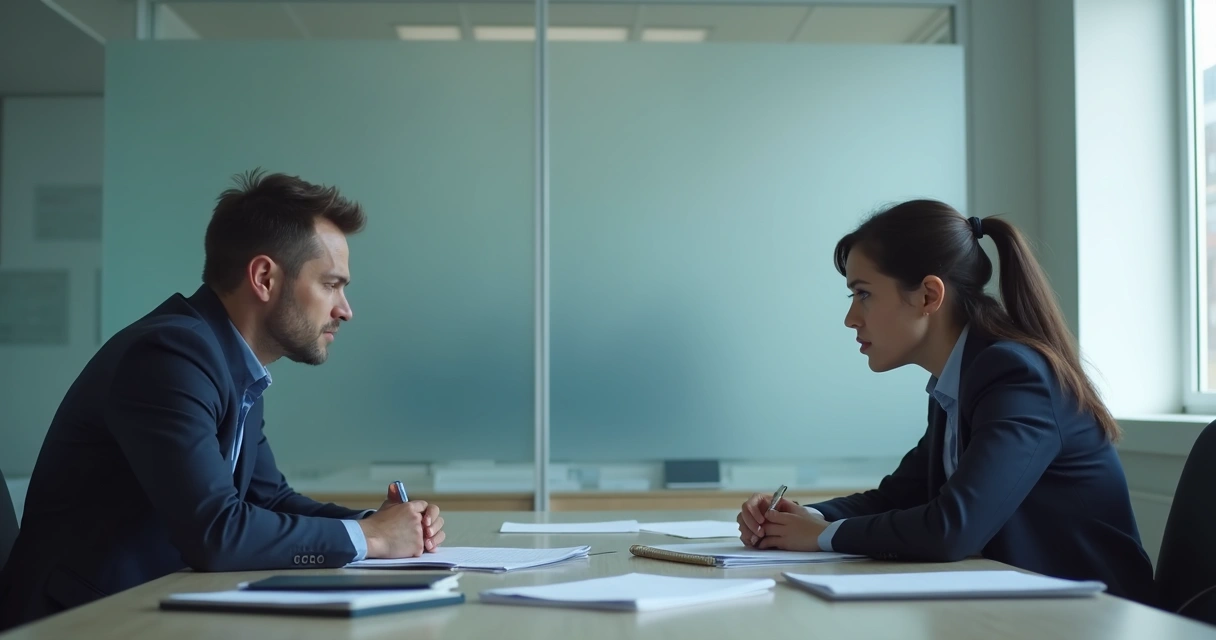 Duas pessoas sentadas à mesa com expressão pensativa, papéis e notebook ao redor 