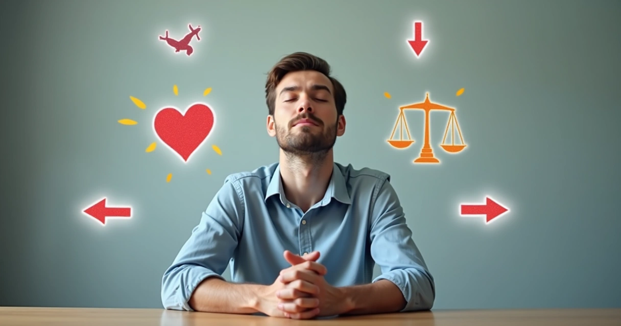 Pessoa pensando em escolhas, com ícones de emoções e ética ao redor