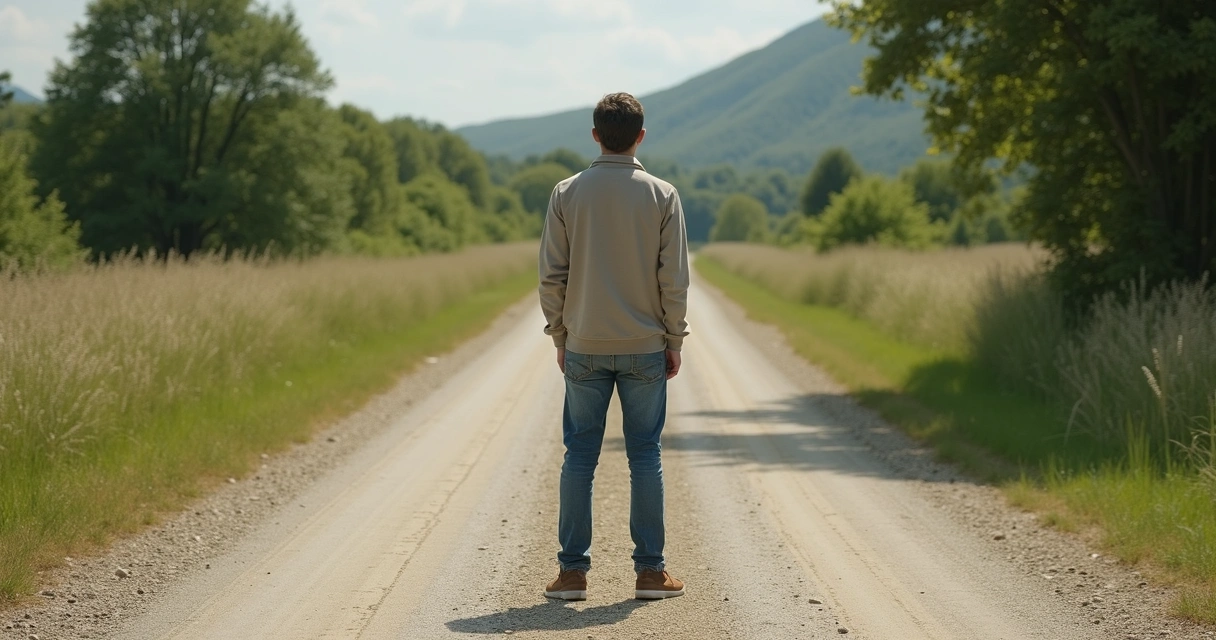 Pessoa parada diante de bifurcação em estrada, aparentando indecisão