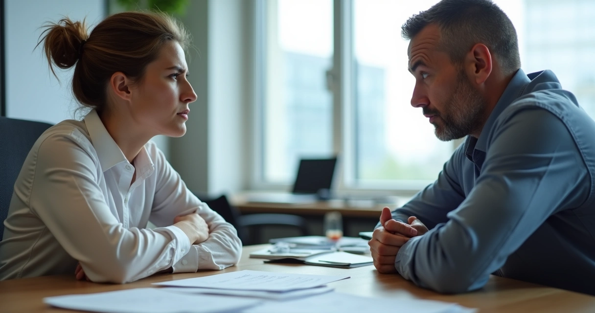 Duas pessoas sentadas frente a frente em uma mesa, braços cruzados, expressão de dúvida e tensão no ar