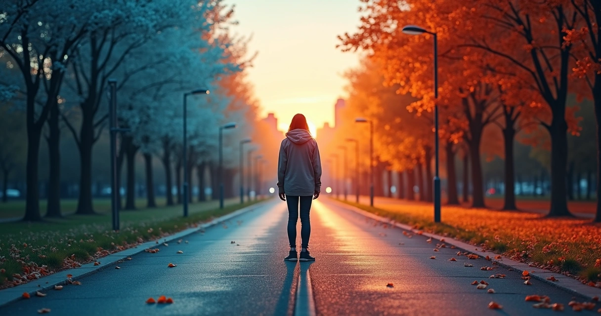 Pessoa em encruzilhada com cores frias e quentes representando conflitos emocionais 