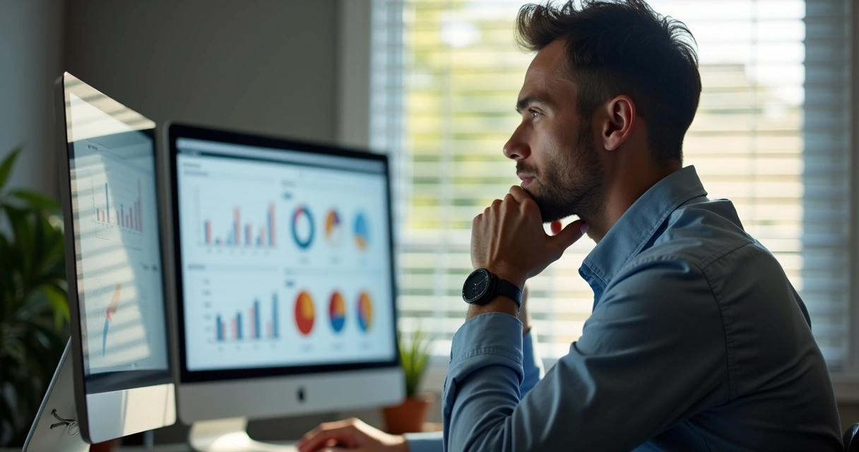 Líder com expressão pensativa diante de gráficos no computador 