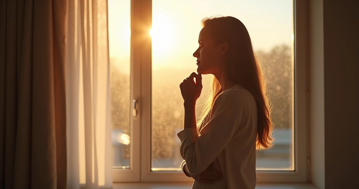 Pessoa tomando decisão olhando pela janela com expressão serena. 
