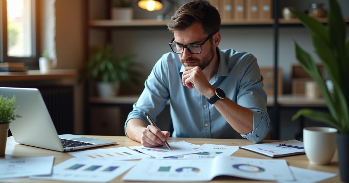 Pessoa avaliando opções profissionais com gráficos e papéis na mesa 