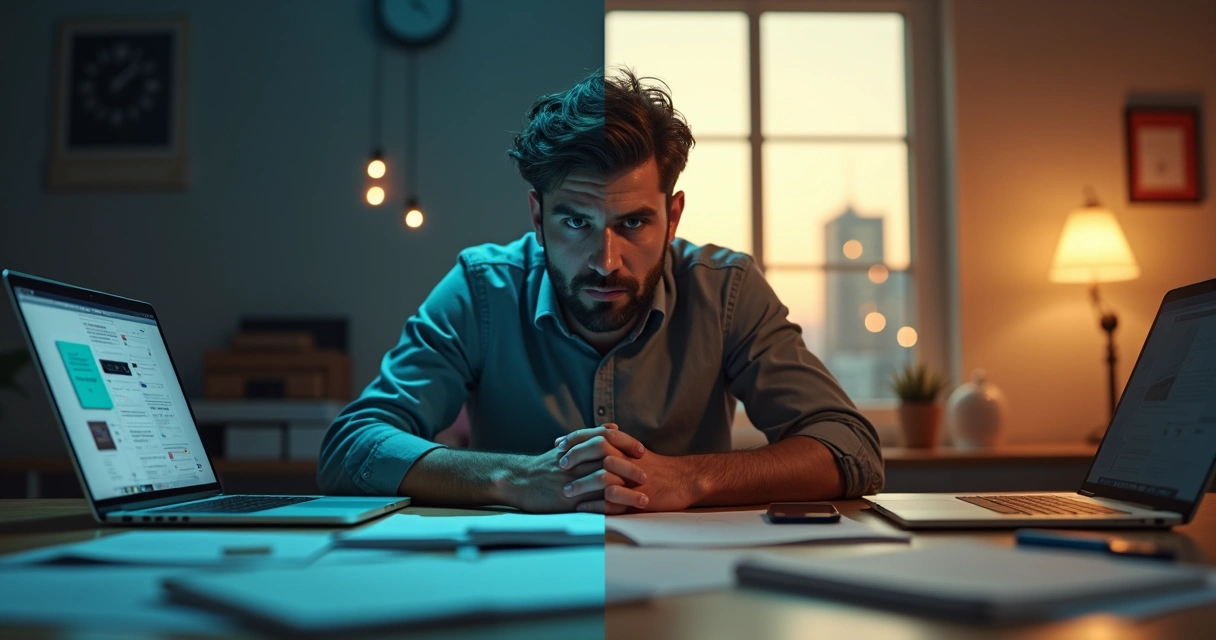 Pessoa em mesa de trabalho dividida entre mente caótica e mente calma 