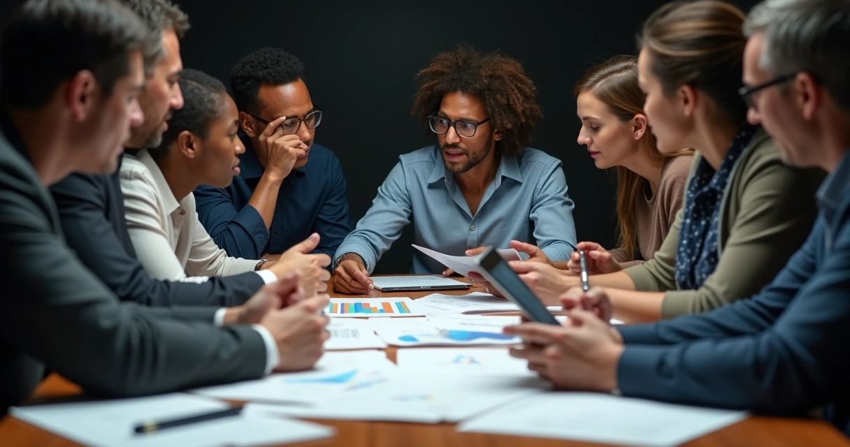 Equipe reunida ao redor de mesa de reunião com expressões tensas diante de gráficos. 