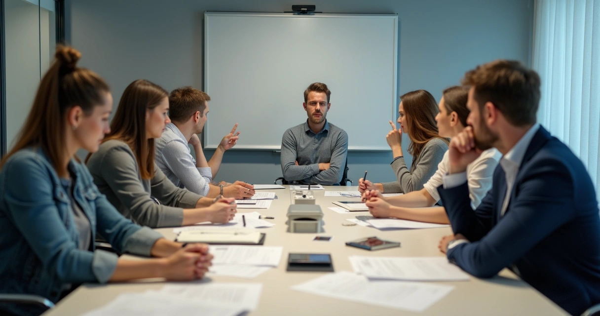 Colegas de trabalho em reunião, alguns tensos, outros evitando contato visual, mostrando ambiente de tensão emocional
