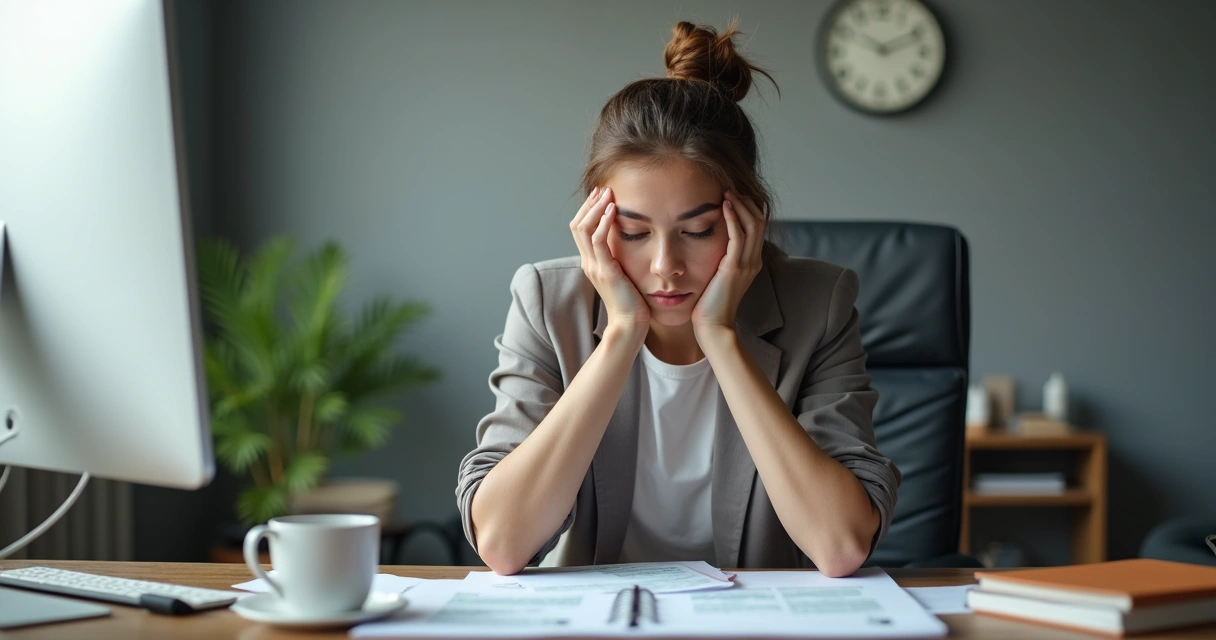 Pessoa sentada à mesa olhando para documentos, demonstrando indecisão 