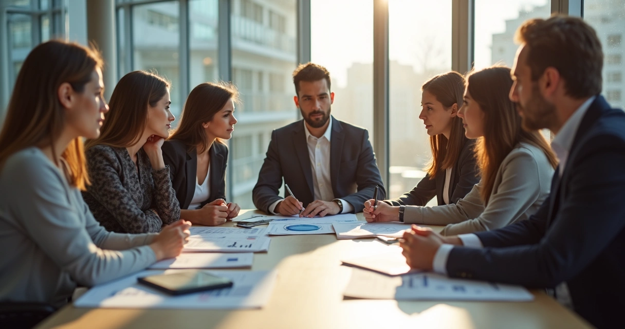 Reunião de equipe focada em empatia para decisão 