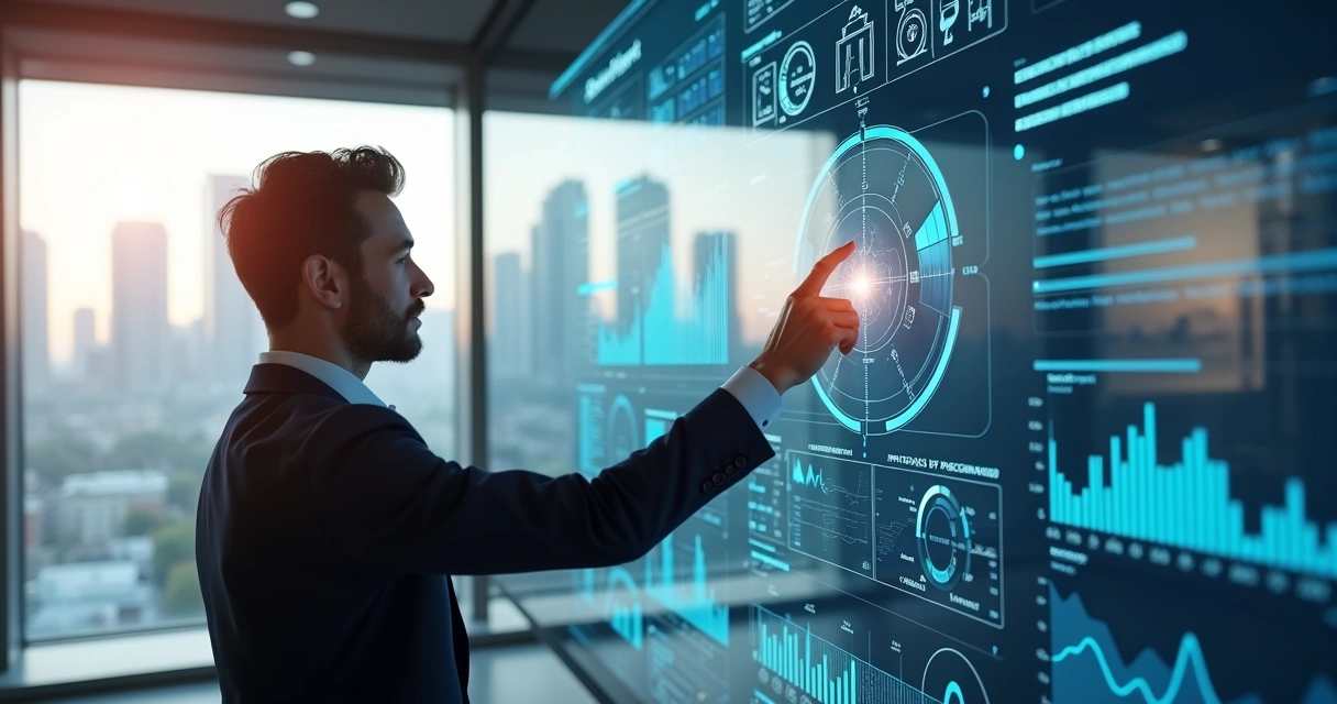 Executivo toma decisão com painel digital mostrando dados 