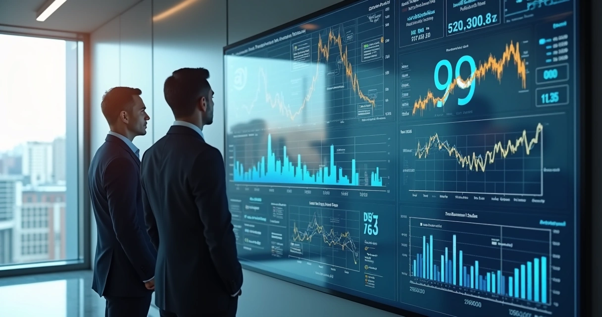 Diretoria avaliando indicadores em dashboard empresarial 