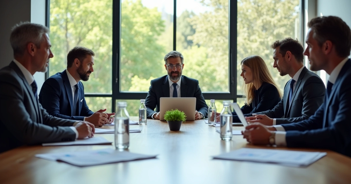 Grupo de líderes empresariais discutindo decisões em uma sala de reunião iluminada por luz natural 