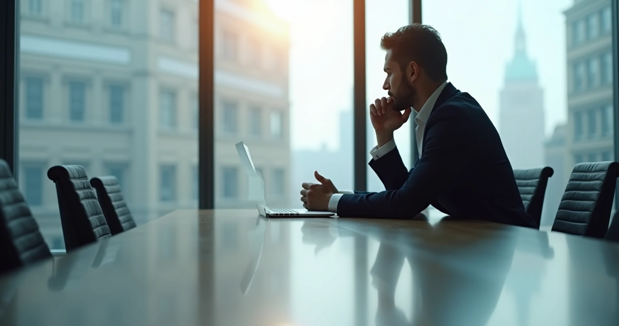 Executivo sentado em sala de reuniões olhando pela janela, mãos cruzadas em reflexão 