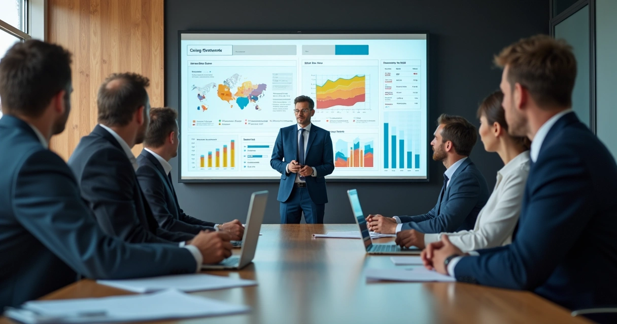 Empresários analisando relatório em sala de reuniões 
