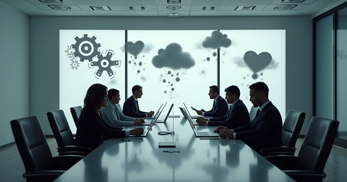 Reunião de executivos com sombras de silhuetas de ideias inconscientes ao fundo