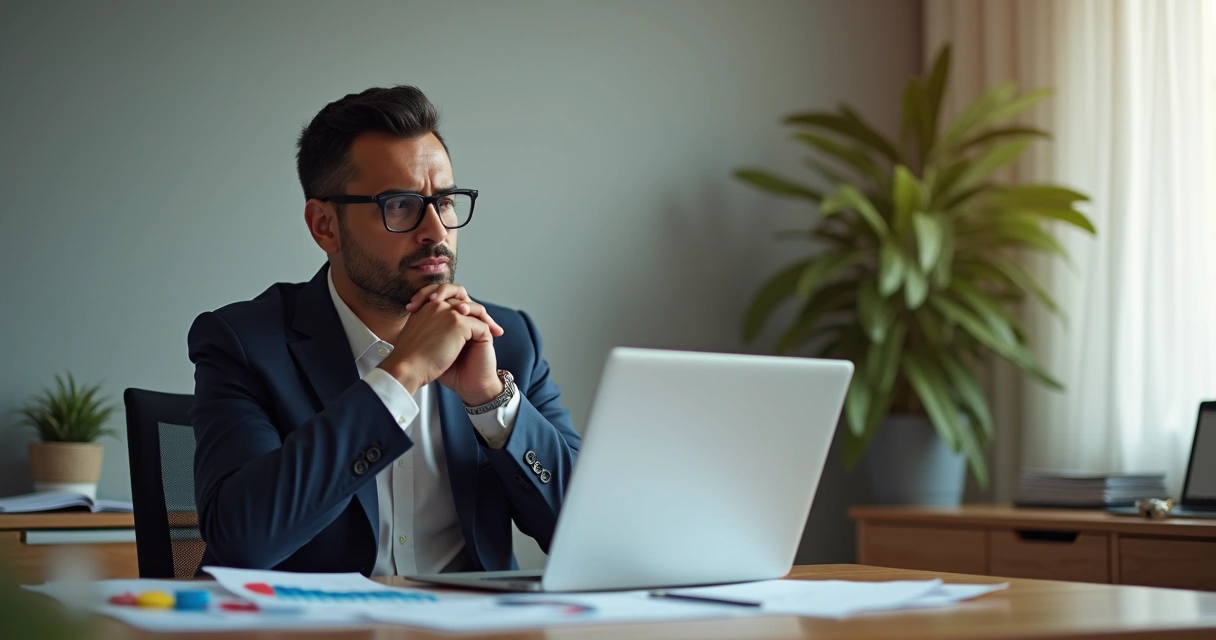 Empresário pensativo olhando gráficos e relatórios. 