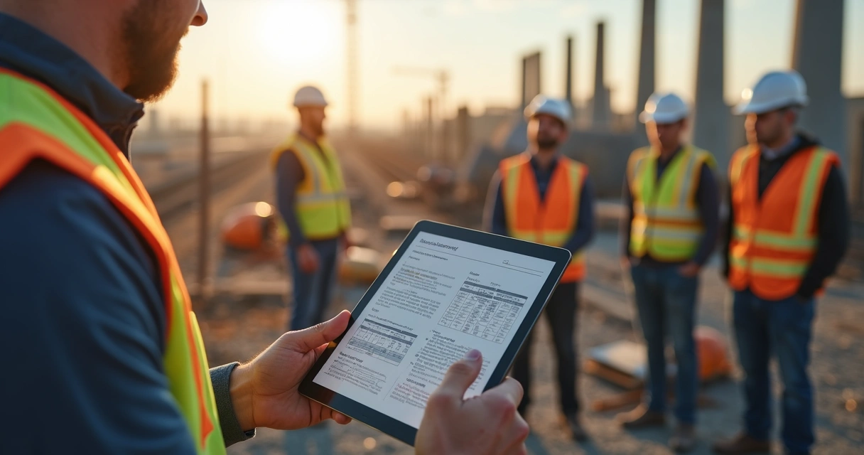 Engenheiro decidindo em obra com tablet na mão 