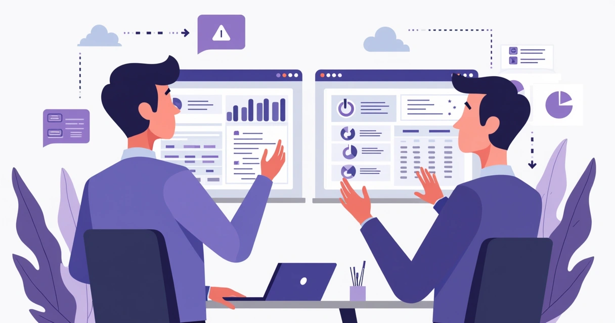 Dois gestores analisando painéis digitais, um focado em portal de parceiros, outro em PRM 