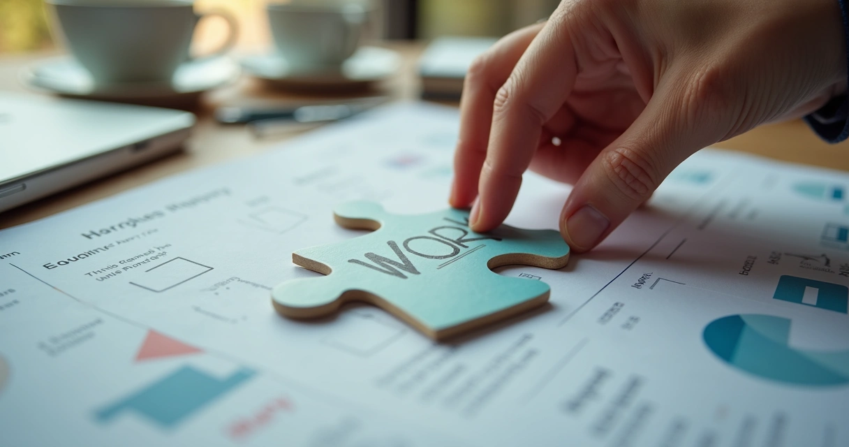 Mão movendo peça de quebra-cabeça entre trabalho e bem-estar, mesa e elementos cotidianos de fundo 
