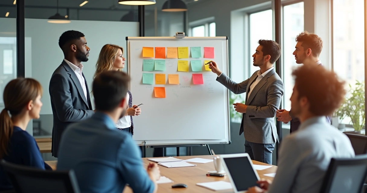 Equipe diversa em sala de reunião discutindo opções em um quadro branco 