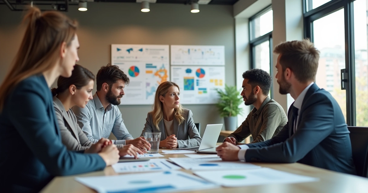 Equipe de trabalho reunida em torno de uma mesa analisando opções em conjunto 