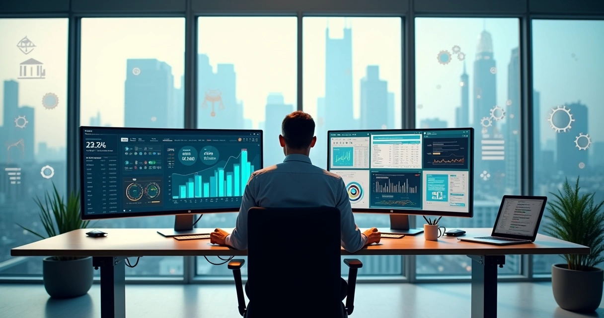 Comparação visual entre ERP único e múltiplos sistemas em um escritório contábil moderno 