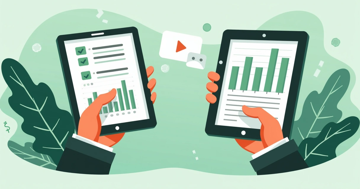 Duas mãos segurando tablets mostrando diferentes plataformas de split de pagamento, com um destaque para uma interface mais simples e intuitiva 