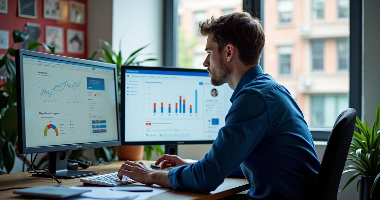 Profissional analisando telas com gráficos de anúncios digitais 