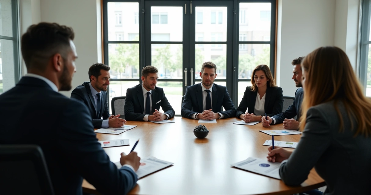 Líderes analisando cartas e símbolos no centro de uma sala durante uma constelação organizacional 