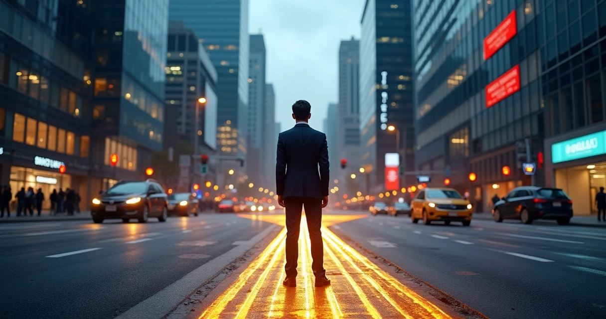 Pessoa em pé diante de encruzilhada com cidade caótica ao fundo, escolhendo caminho ético iluminado 