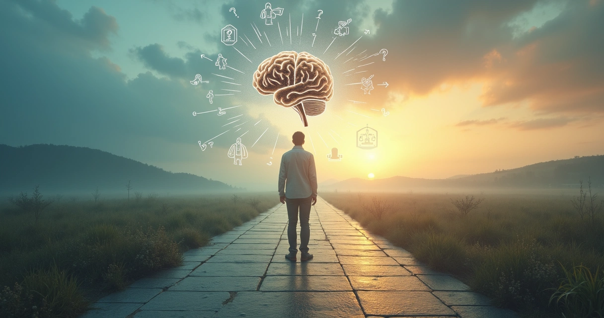 Pessoa diante de encruzilhada com silhuetas de pensamentos em conflito 