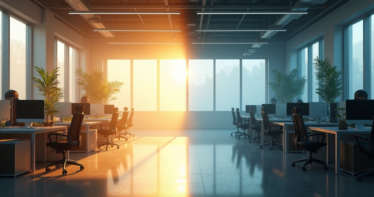Ray of light splitting foggy office into clear and dark sides 