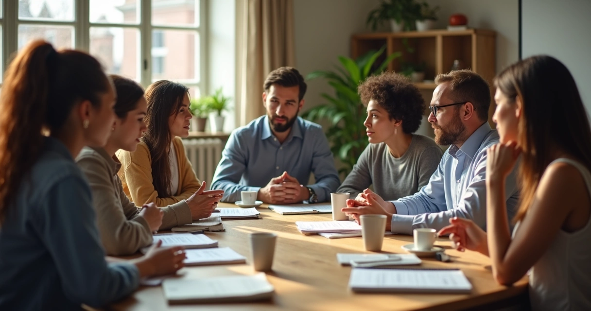 Grupo em reunião tomando decisão ética com foco humano 