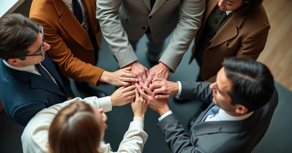 Grupo de pessoas em pé em círculo, trocando olhares atentos, simulando tomada de decisão coletiva vista de cima 