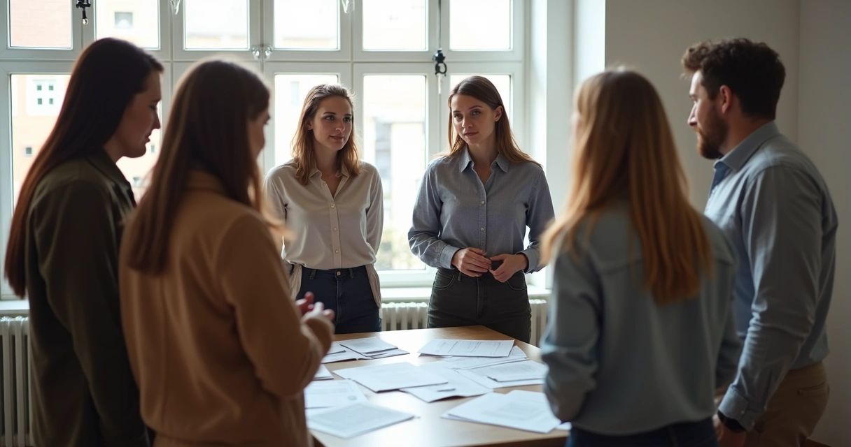 Pessoas formando um círculo, discutindo uma decisão em um ambiente iluminado, representando integração ética
